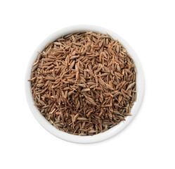 Bowl of aromatic caraway (Persian cumin) seeds isolated on white, top view