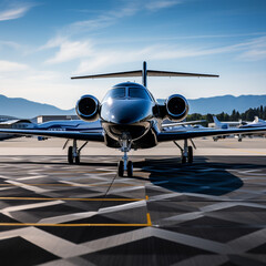 Fototapeta premium The private jet is on the runway in the sky, in the style of black and azure
