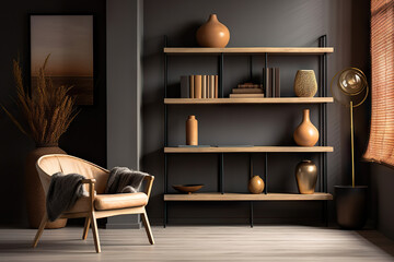 Minimalist Scandinavian Living Room with Shelving Unit, Console Table, and Wooden Chair Against a Dark Wall - Modern Interior Design. created with Generative AI