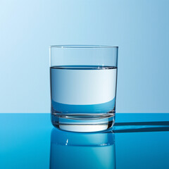 A glass of water accompanied by a blue background, in the style of stark minimalism