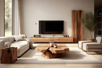 Contemporary Minimalist Living Room with Rustic Accents - Harmonious Interior Design in Modern Home. created with Generative AI