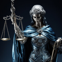 Obraz premium A statue of justice holding a scale, in the style of silver and azure