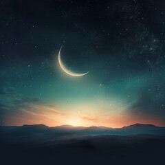 Obraz na płótnie Canvas a crescent and moon on the galaxy night sky background, in the style of minimalist colors, light emerald and light amber