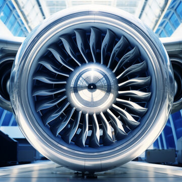 A jet engine on an airplane, in the style of large format lens