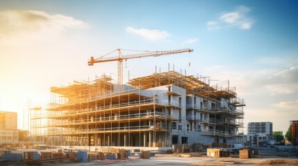 Construction background: A Construction site of large residential commercial building, some already built, large metal structure with bright sky background.