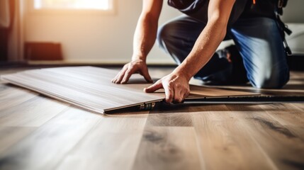 A Construction worker installing laminate flooring, room decoration design, professional technician, laminate background.