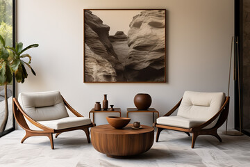 RMid-Century Modern Living Room Harmony: Brown Lounge Chairs, White Sofa, and Round Coffee Tables Against Marble Wall. created with Generative AI
