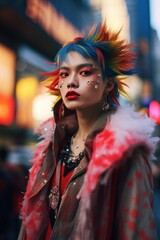 Asian Fashion Model, Futuristic Fashion, Street Photo, Carnival Costume, Night, City Lights, Celebrate, glittering, bokeh, depth of field, beautiful portrait shot, urban fashion, tokyo, Japan, China