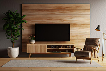 Cozy Living Room Oasis Wooden Wall, Armchair, TV, and Stylish Accessories for Ultimate Relaxation. created with Generative AI
