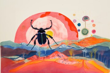 Abstract Insect Art, Japanese Printmaking, Folklore Art, risograph print, beetle creature, apocalyptic art