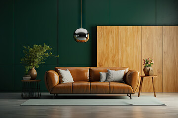 Luxurious Luminance Light Room with Leather Sofa Against an Empty Dark Green Wall Background. created with Generative AI