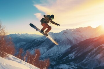 Men snowboard extreme jumping mountain stunt adventure - obrazy, fototapety, plakaty