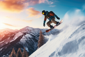Men snowboard extreme jumping mountain stunt adventure