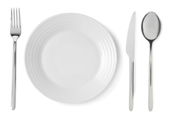 Empty plate with fork, knife and spoon on white background, top view