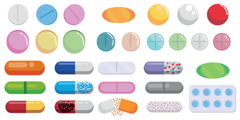 Set of many different pills on white background