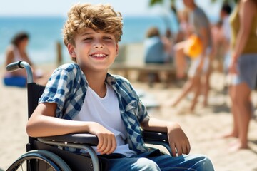 Young blonde caucasian little boy on wheelchair laugh alone on beach