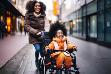 African american mother with her disabled child daughter on wheelchair happy walking city center