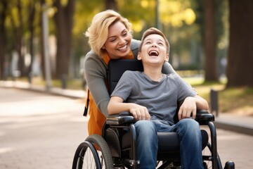 Caucasian blonde mother with her disabled son in wheelchair laugh in city park - obrazy, fototapety, plakaty