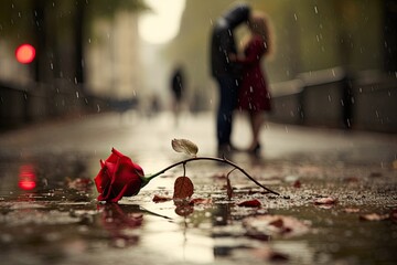Discarded Rose on Rainy Street with Romantic Couple - obrazy, fototapety, plakaty
