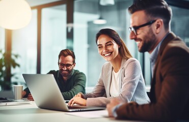 Joyful Team Collaborating Over Laptop in Office