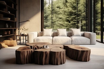 Natural Harmony Minimalist Home Interior Design in a Modern Living Room with an Edge Tree Stump Accent Coffee Table and Spacious Couch. created with Generative AI