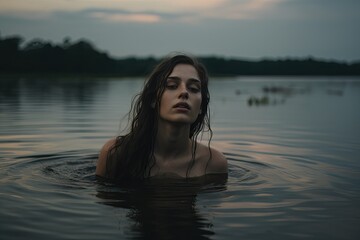 Fototapeta premium Solitary Woman Contemplating in Water at Dusk