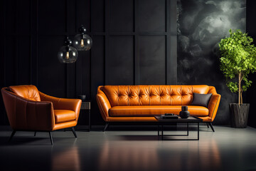 Chic Living Space Large Living Room with Modern Interior Design, Featuring Stylish Orange Leather Sofas and Chairs Against a Dark Classic Wall. created with Generative AI