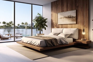 Contemporary Comfort Interior Design of Modern Bedroom with a Wooden Bed on a Stylish Concrete Floor. created with Generative AI