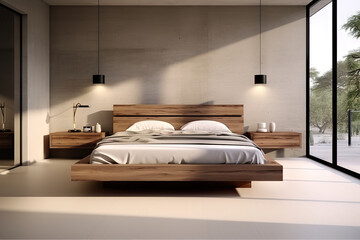 Contemporary Comfort Interior Design of Modern Bedroom with a Wooden Bed on a Stylish Concrete Floor. created with Generative AI