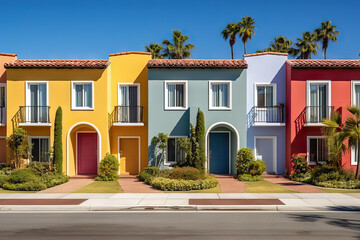 Fototapeta na wymiar Urban Diversity Vibrant Condominium and Hotel with Balconies, Adorned by Colorful Stucco Finish Traditional Private Townhouses. created with Generative AI