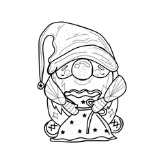 Cute drawn New Year gnome with bag on white background