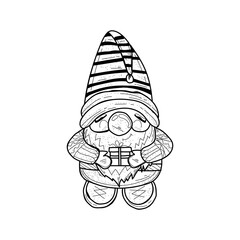 Cute drawn New Year gnome with gift on white background