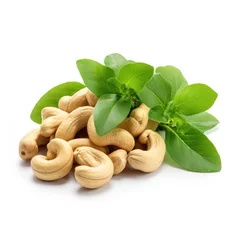 Fotobehang Roasted cashew nuts with green leaves isolated on white background © KirKam