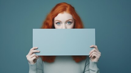 Beautiful red head girl holding a blank board , free space  for text 