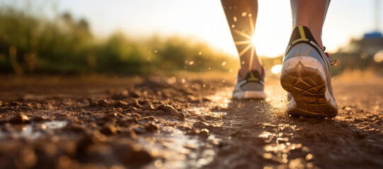 Light shines through the shoe-clad feet of people exercising in the morning