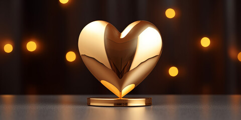 Simple, sleek gold heart-shaped trophy, matte background with golden lights