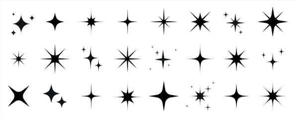 Christmas sparkles, stars and bursts icons, twinkling stars. Vector set of different black sparkles icons on transparent background. Vector illustration