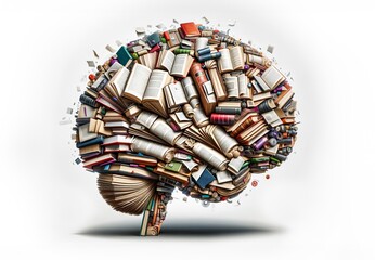 Brain Shaped Book Stack Illustration, Knowledge and Creativity in Education, Ideal Classroom Poster...