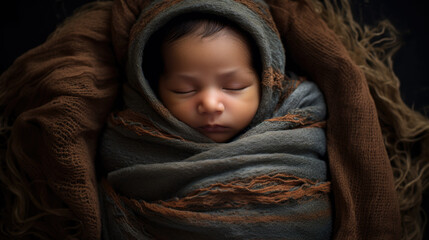 A sleeping newborn baby swaddled or wrapped in a dark colored blanket. - obrazy, fototapety, plakaty