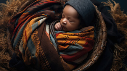 A sleeping newborn African American baby swaddled or wrapped in a colorful blanket and wearing a stocking cap.