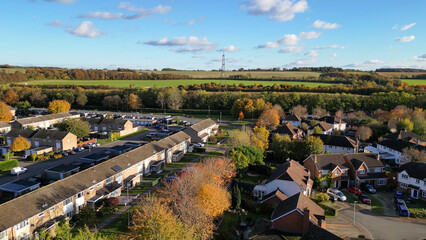 English Residential Area in Autumn, Aerial View from 120 Meters