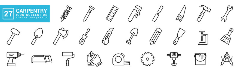Set of icons related to carpentry tools, various painting tools, carpenter icon templates, mechanic icons editable and resizable EPS 10