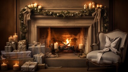 A cozy fireplace with crackling flames, featuring love letters tied with ribbon and a vintage photo frame.