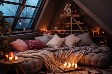 A cozy nook in a loft apartment with a plush rug, oversized pillows, and a board game set up for a laid-back Valentine's Day game night. - obrazy, fototapety, plakaty