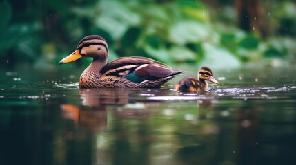 Ducklings in the water on the background of green grass - obrazy, fototapety, plakaty