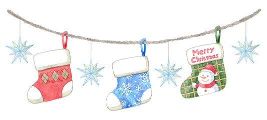 吊るしたクリスマス靴下と星型オーナメントの水彩イラスト