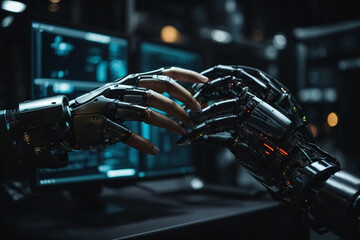 Hands of Robot and Human Touching to gether through