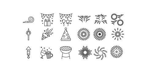 
icon set happy new year,gift box,ballon,confetti,beer,cheers,noise maker,barbeque,party hat,firework,fire cracker,isolated white background with line style.
