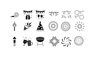 
icon set happy new year,gift box,ballon,confetti,beer,cheers,noise maker,barbeque,party hat,firework,fire cracker,isolated white background with black fill style.
