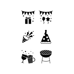 
icon set party, gift box, balloons, confetti, party hat, beer, cheers, barbeque grill.isolated on white background with black fill style.
